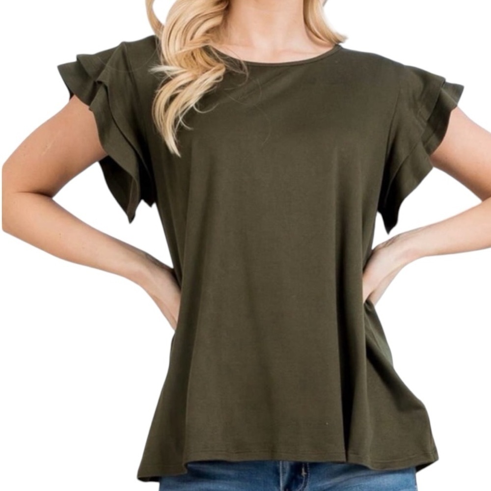 NWT YOU & ME Green Short Tiered Ruffle Sleeve Top Blouse Size Medium